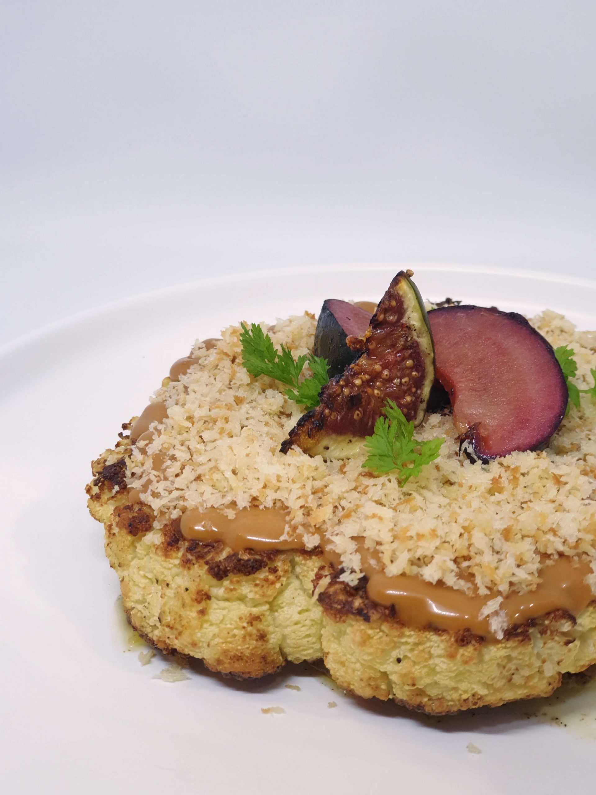 Grilled Cauliflower, Miso, Almond, Gherkins Salsa