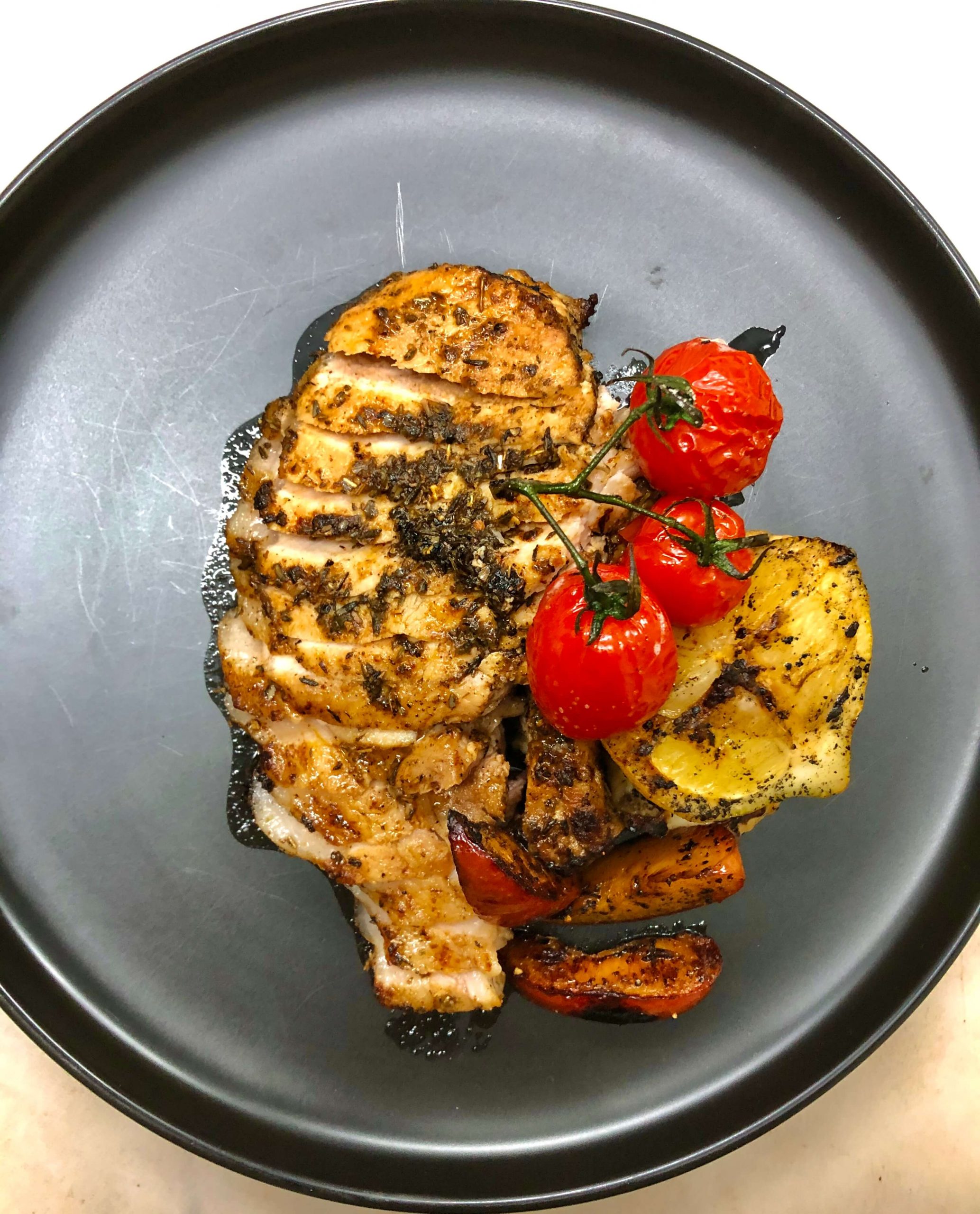 Ribeye of Pasture-Raised Pork, Grilled Aged Halloumi Cheese
